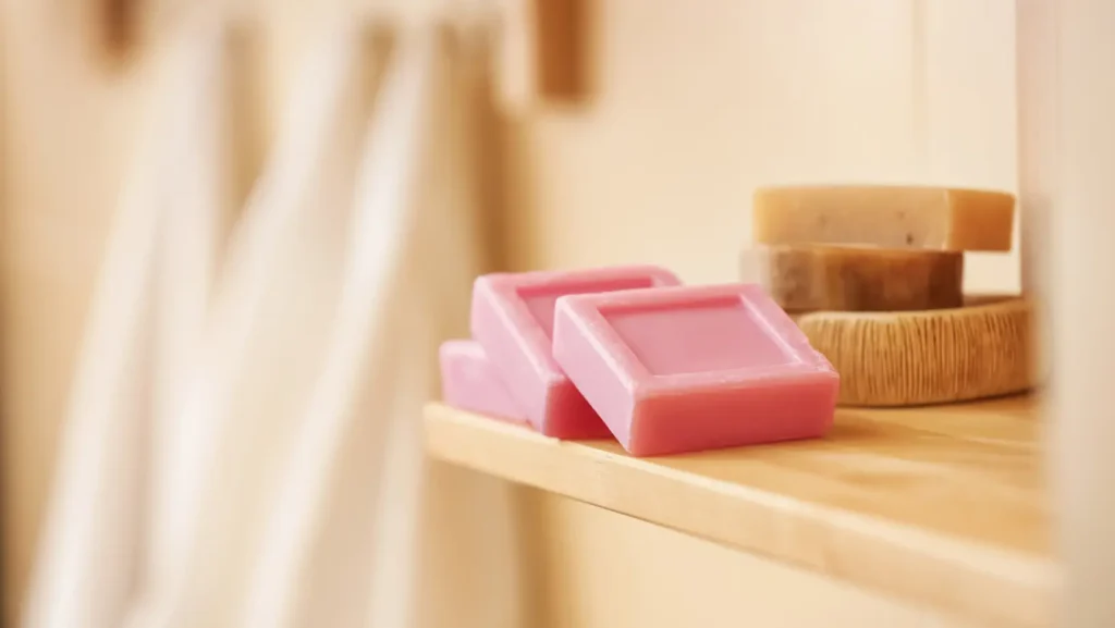An image of bar soap displayed on a shelf. The best way to store your bar soap is in a Dry Place.